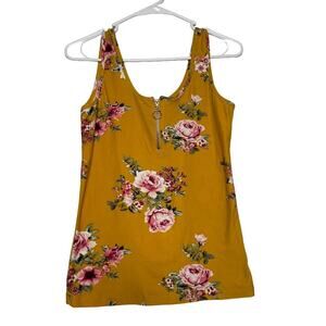 Mustard Floral Blouse Womens Medium Sleeveless Romantic Tank Top  Gold Zip
